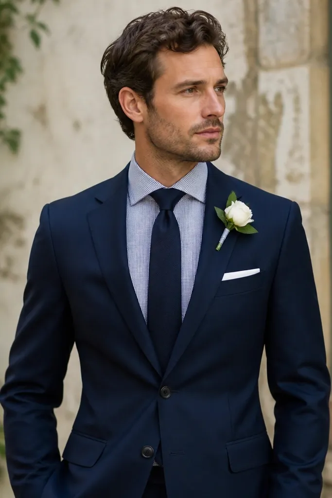 A solid navy suit with a patterned dress shirt (small subtle checks or micro-stripes), a plain navy tie, and a white pocket square; the boutonniere is white with a green leaf.