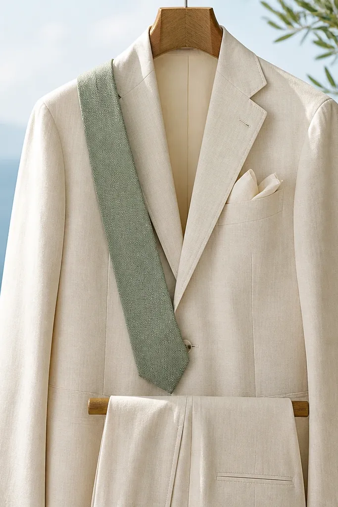 A cream/ivory linen two-piece suit on a hanger with a notched lapel jacket, paired with matching trousers. A soft sage green textured tie is laid across the jacket, and an ivory pocket square peeks from the breast pocket. The background shows a bright outdoor setting with airy light.