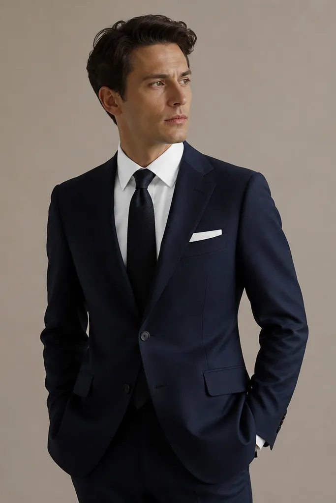 A deep navy wool suit jacket and trousers with medium-width lapels. A crisp white pocket square is folded neatly in the breast pocket. The tie is solid black or dark navy, and the overall styling is clean and formal with a neutral background.