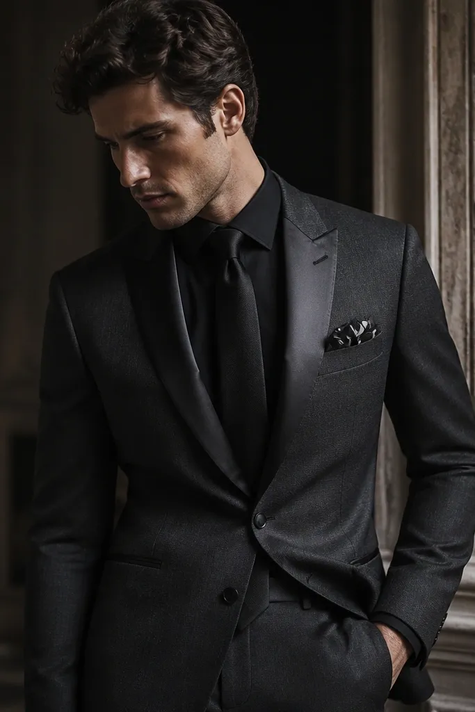 A charcoal gray suit with a subtle twill texture. The jacket shows a black satin detail on the lapels and buttons, with a black tie. A monochrome pocket square sits in the breast pocket for a sleek, nightlife vibe.