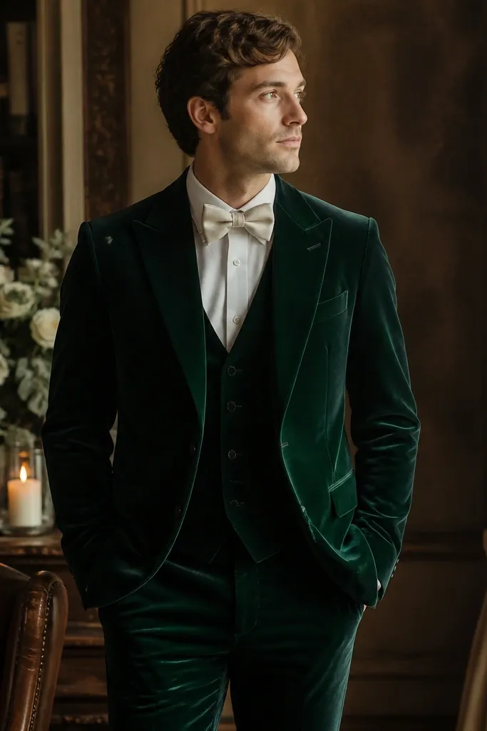 A lush forest green velvet groom suit with a structured jacket and matching trousers. A cream bow tie is centered at the collar. The image shows rich velvet texture with soft indoor lighting and a warm, romantic color tone.