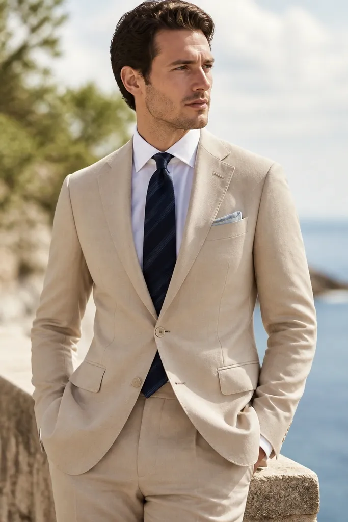 A light sand beige suit with a tailored jacket and matching trousers. A navy tie with subtle stripes hangs neatly, and a pale pocket square complements the beige. The background is bright and outdoorsy.