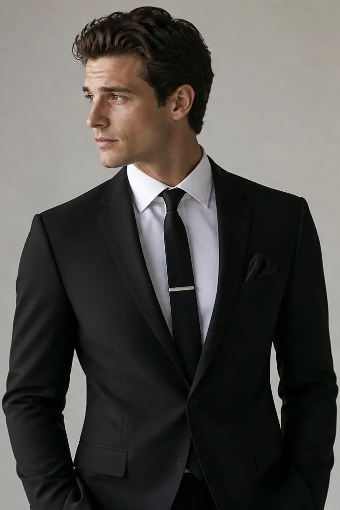 A matte black suit with a crisp white dress shirt and a black tie. A small white tie clip sits centered on the tie, and a black pocket square is folded simply. The styling is sleek with a clean, studio-like background.