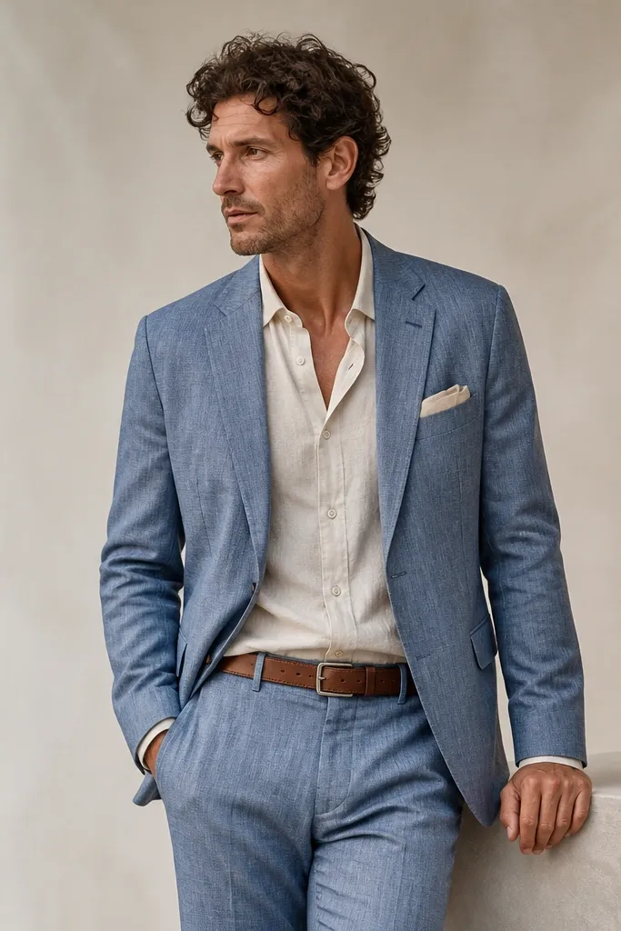 A light blue chambray or textured blue suit with a soft, slightly relaxed drape. A tan leather belt is visible at the waist, and the shirt is a pale neutral. The pocket square is light and minimal.