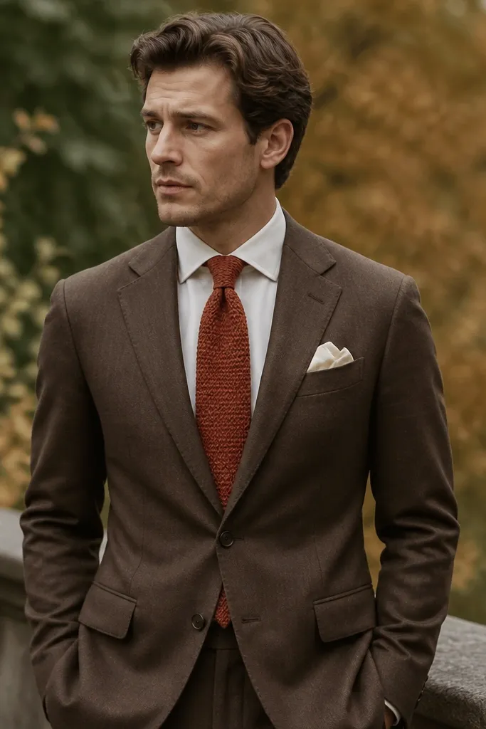 A medium brown suit with a warm undertone. The tie is rust-orange and clearly knit with visible texture. A cream pocket square adds contrast, and the overall styling looks like an outdoor fall setting.