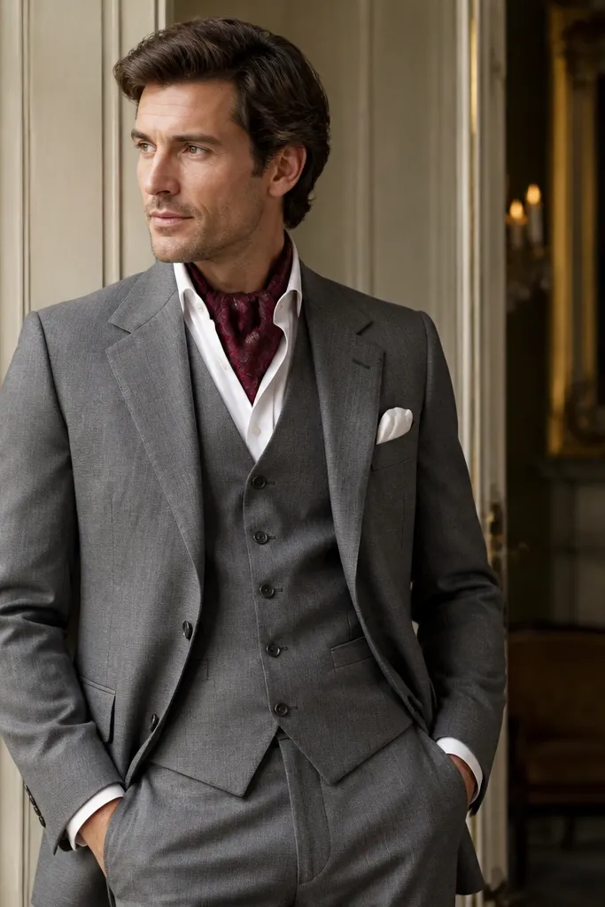 A stone gray three-piece suit: matching vest and jacket with a clean notch lapel. A burgundy ascot scarf is tied neatly at the neck, and a light pocket square sits in the breast pocket. The image shows a refined, dressy stance.