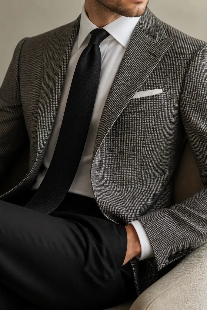 A suit styling where the jacket features a subtle cream-and-black pattern (like micro-check or textured weave) while the trousers appear solid black. A black tie and simple white pocket square complete the look. The image focuses on fabric detail.