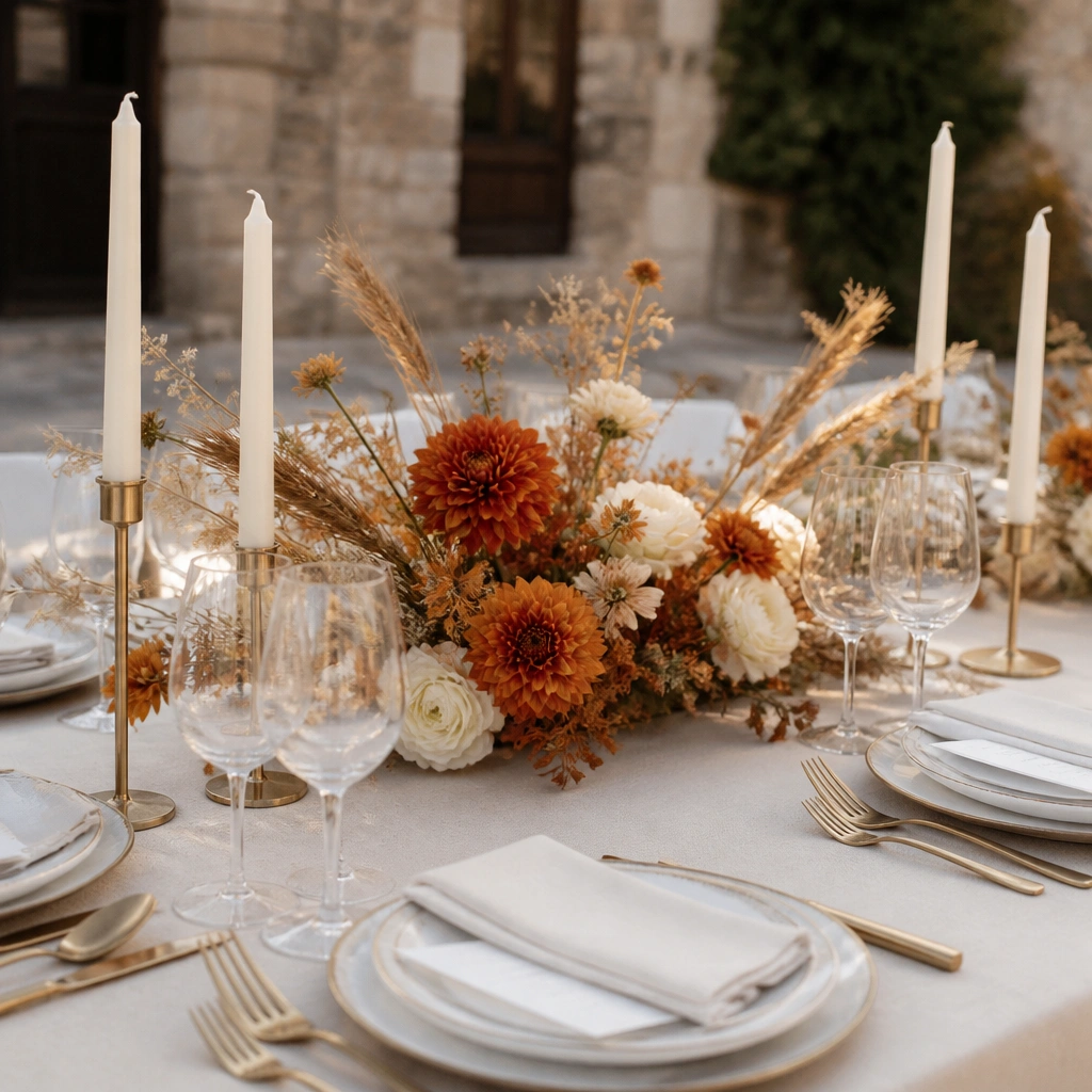 A styled wedding table with cream tablecloths, champagne-gold cutlery, and a low floral arrangement featuring burnt orange dahlias and dried wheat, with ivory taper candles in gold holders.