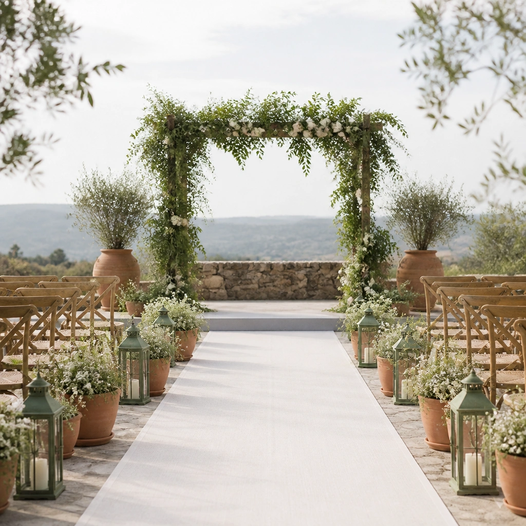 An airy outdoor ceremony aisle with ivory runners, sage green lanterns, terracotta clay pots holding small white flowers, and greenery draping on an arch.