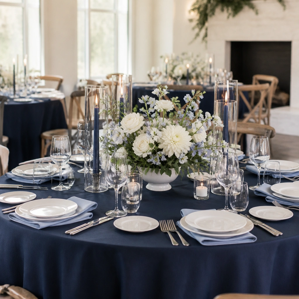 A reception scene with navy linen tablecloths, white plates, periwinkle napkins, and floral arrangements featuring white blooms with small periwinkle accents, plus navy candles.