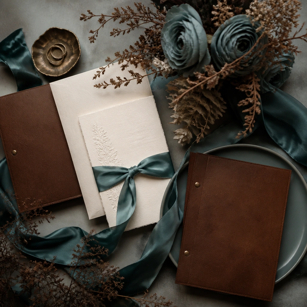 A moody wedding flat lay with cream invitations, a dusty teal satin ribbon, cocoa-brown leather menu covers, and a centerpiece with teal-hued flowers and brown dried branches.