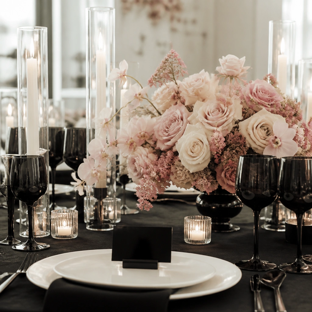 A black-and-ivory wedding table with black acrylic place cards, ivory candles, and a rose quartz-toned bouquet with blush pink accents, plus sleek black frames on signage.