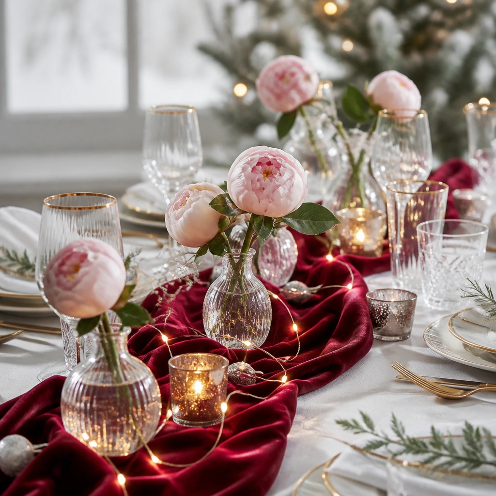 A wintery table setting with red wine velvet runner, blush peonies in bud vases, gold-rimmed glassware, and warm fairy lights along the center.