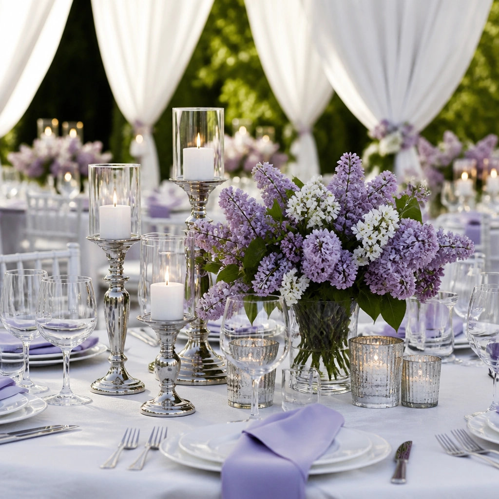 An outdoor reception with white draped fabric, lilac napkins, silver candle holders, and a bouquet of lilac flowers with small white blossoms.