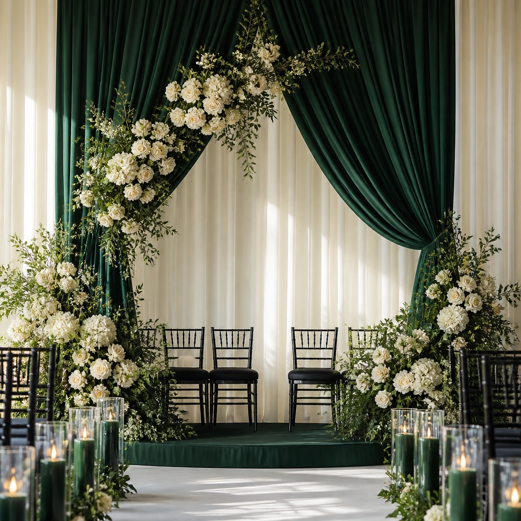A dramatic ceremony backdrop with emerald draping, ivory floral arrangements, black chair accents, and emerald-green candles in glass holders.
