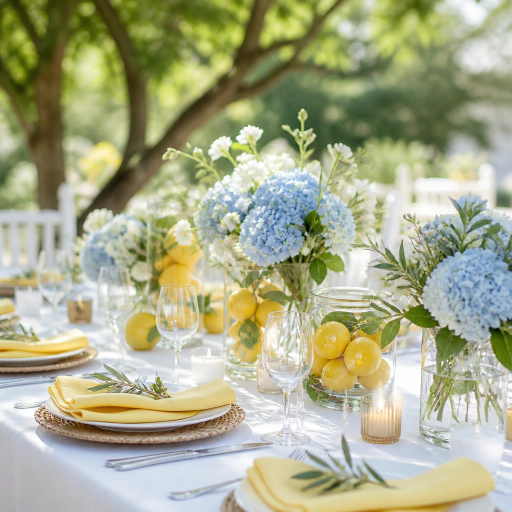 A bright outdoor picnic-style wedding table with white linens, lemon-yellow napkins, light blue hydrangea-like flowers, and small citrus fruits in clear glass jars.