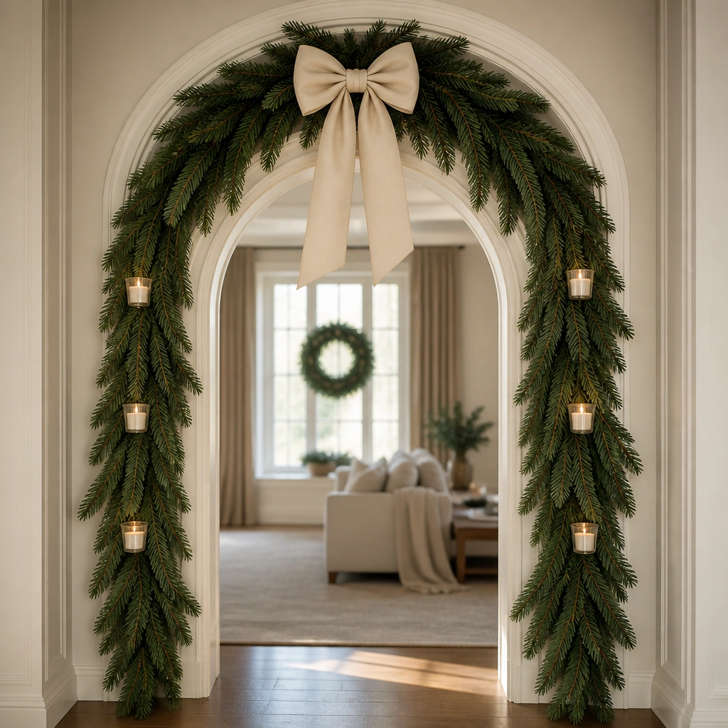 A doorway arch wrapped in faux evergreen garland with a large soft ivory ribbon bow centered at the top, plus small tea-light holders on both sides.