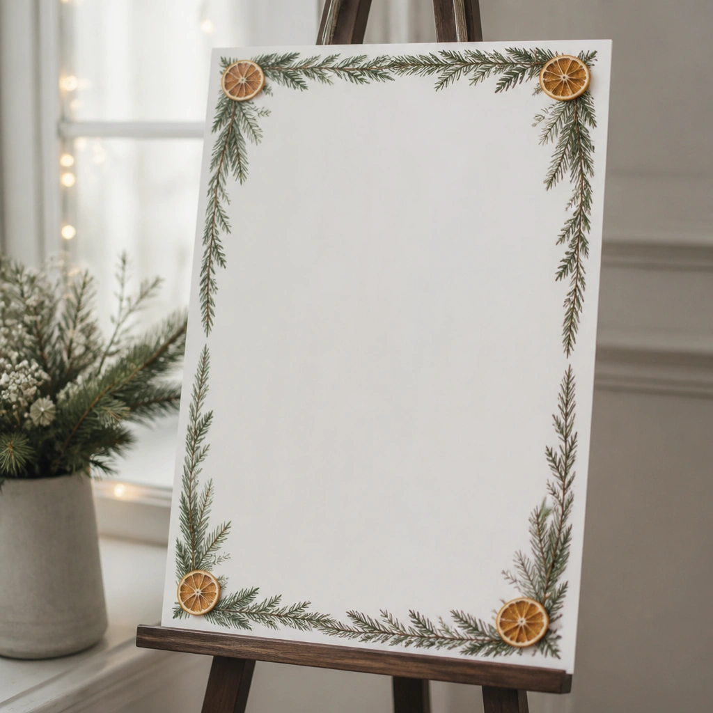 A white welcome sign on an angled easel with a thin evergreen border around the edges and tiny dried orange slices tucked into the corners.
