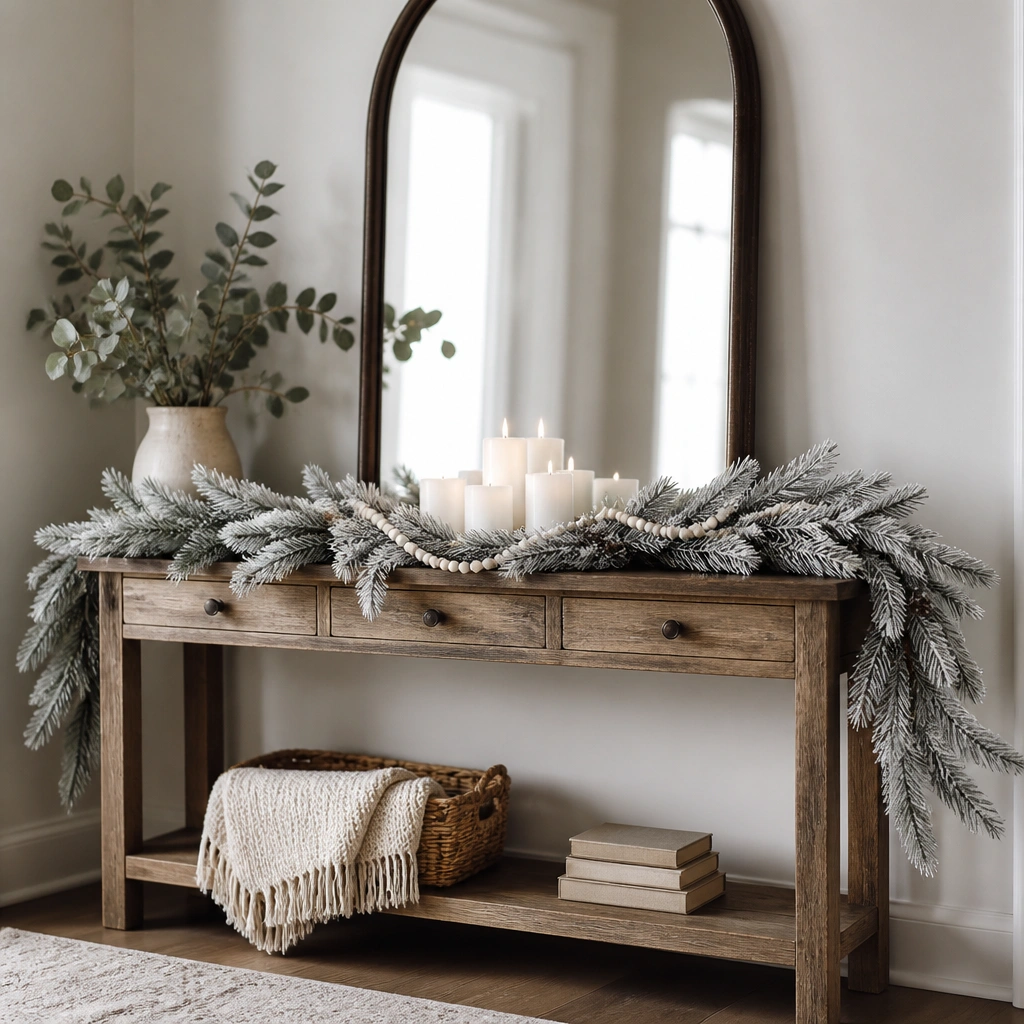 An entry console table draped with frosted pine garland and a strand of small pearl-like beads, with a white candle cluster in the center.