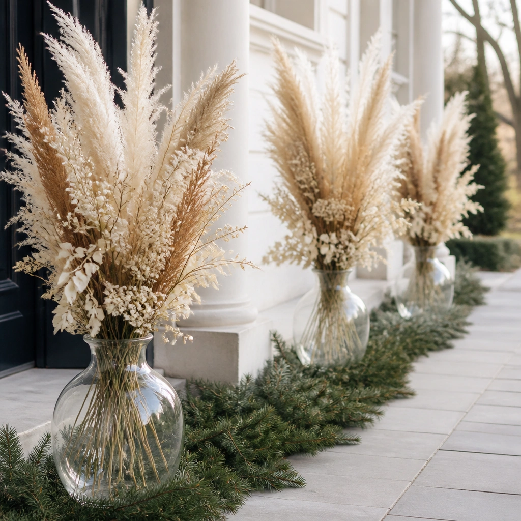 Three clear glass vases filled with dried pampas and small pale flowers, arranged along a welcome pathway with a low evergreen runner underneath.