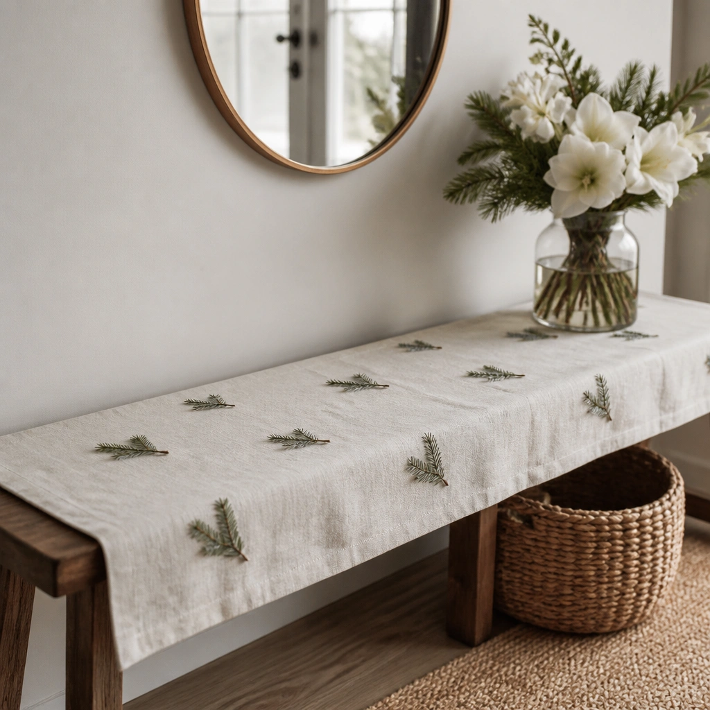 A long linen runner on an entry bench with small sprigs of faux evergreen needles pinned in a repeating pattern, plus a single bouquet of white flowers at one end.