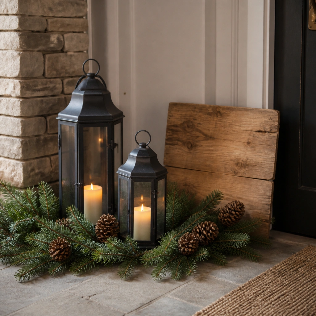 A cozy corner with two lanterns on the floor, surrounded by a low evergreen bundle and scattered pinecones, with a small sign that says welcome.