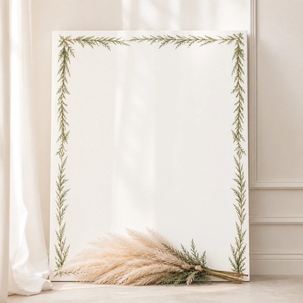 A minimalist welcome sign with a slim evergreen border, paired with a single pampas feather bundle at the bottom.