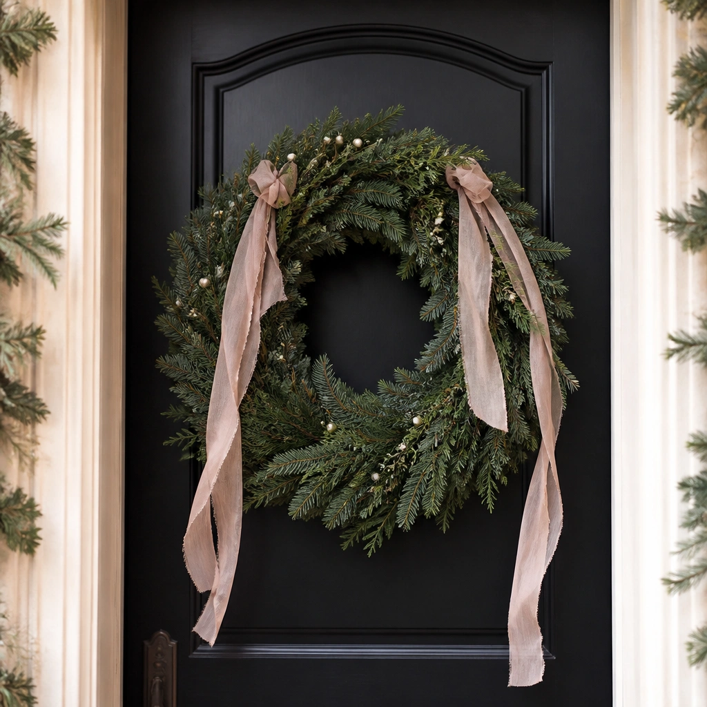 A full evergreen wreath on the door with blush ribbon streamers hanging down the sides and tiny pearl picks scattered around the wreath.