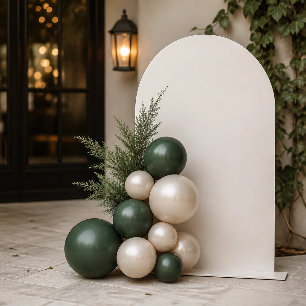 A small balloon cluster near the welcome sign with deep green and champagne balloons, plus a thin evergreen branch tucked behind the cluster.