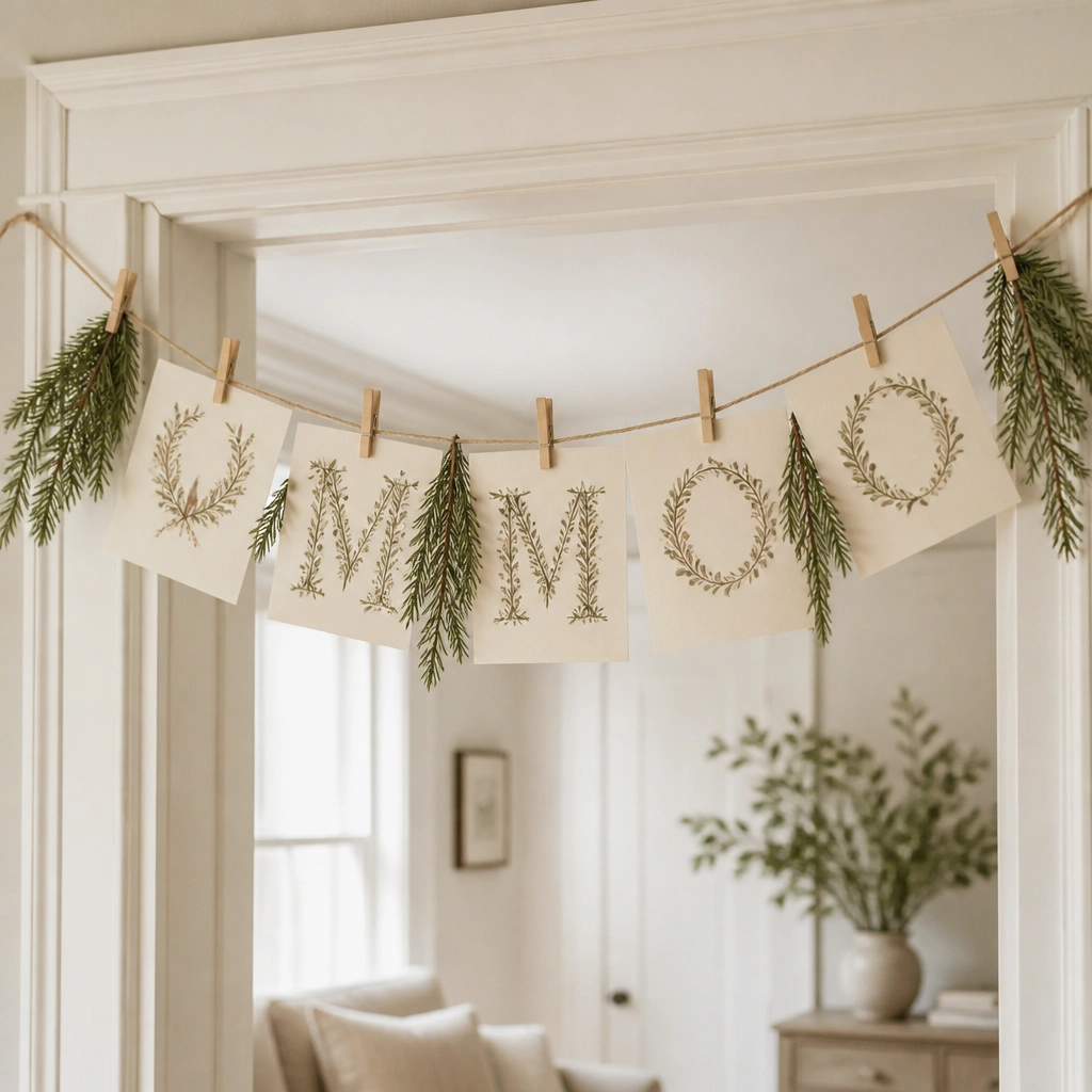 A monogram-style welcome banner strung across a doorway with clothespins holding small evergreen sprigs, in a neutral cream color theme.