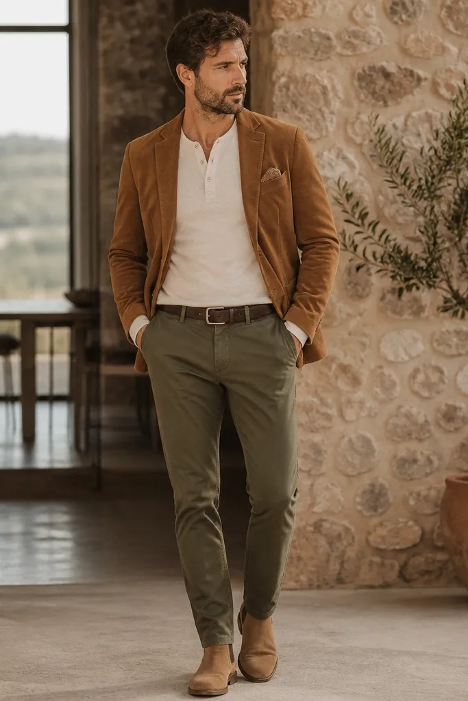 A men’s outfit with a cognac suede blazer worn open over a cream henley, paired with olive chinos and a dark-brown leather belt; tan boots and a simple pocket square are visible.