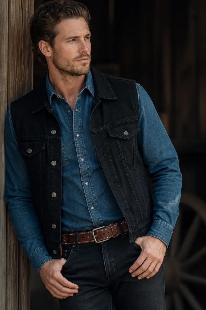 A Western-inspired denim shirt with snap buttons tucked into dark jeans, layered with a black denim vest; a stitched leather belt and dark boots complete the look.