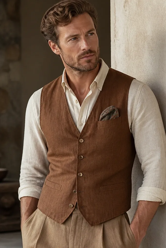 A cream linen button-up worn with a saddle-brown waistcoat (vest) and tan trousers; a patterned pocket square peeks from the chest pocket.