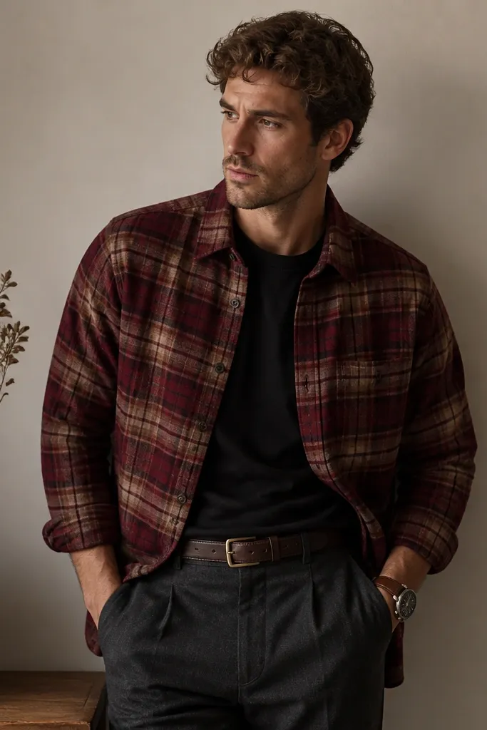 A red-and-brown plaid flannel overshirt layered over a dark top, paired with charcoal trousers; a leather watch and brown belt show at the waist.