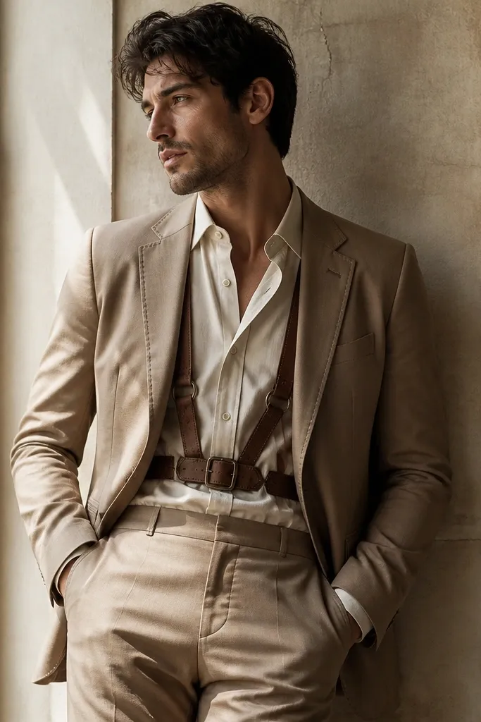 A slim tan suit jacket and matching trousers with a visible brown leather harness-style belt over a cream shirt; subtle stitching details are visible.
