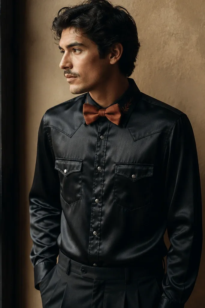 A black satin Western-style shirt with a subtle sheen, paired with a rust-colored bow tie and dark trousers; a small stitched detail is visible at the collar.