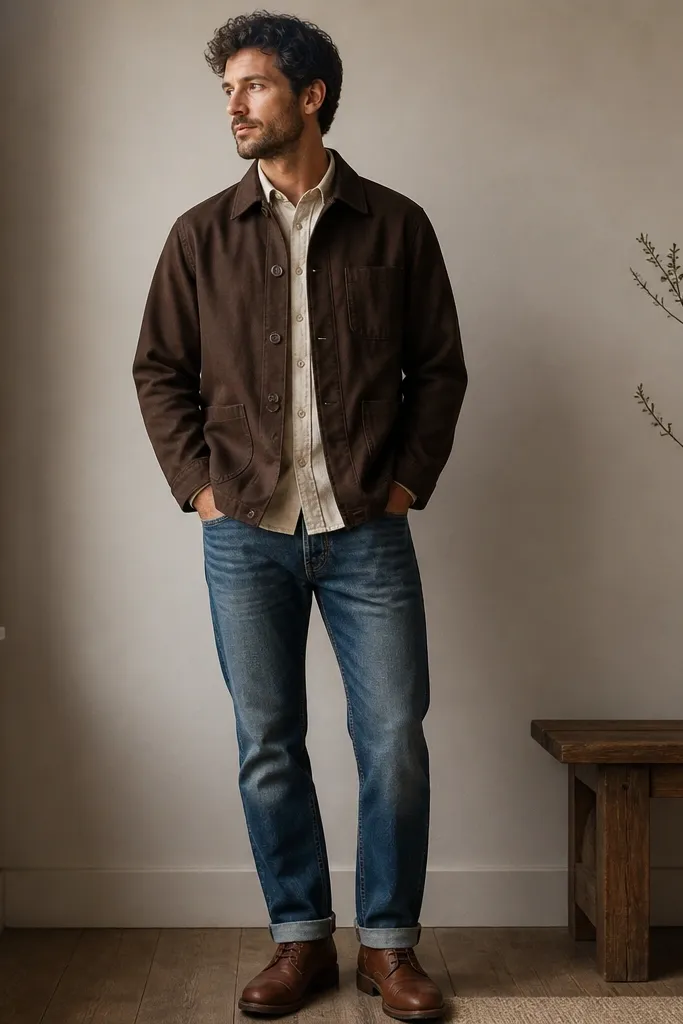 A chocolate-brown chore jacket with large button closures layered over a light shirt, paired with medium-wash jeans and brown boots.