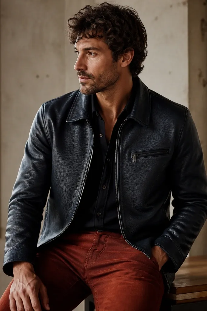 A navy tumbled leather jacket worn over a dark shirt, paired with deep rust or brick-colored jeans; the leather texture is clearly visible.