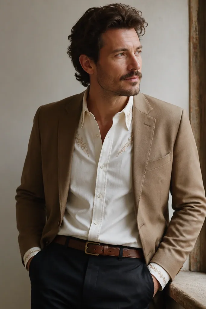 A white shirt with subtle Western embroidery at the collar and cuffs, layered under a tan suit jacket; a brown belt and dark trousers are shown.