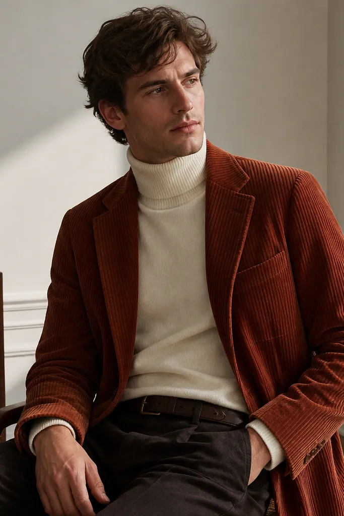 A rust corduroy blazer worn with a cream turtleneck sweater; dark trousers and a leather belt are visible.