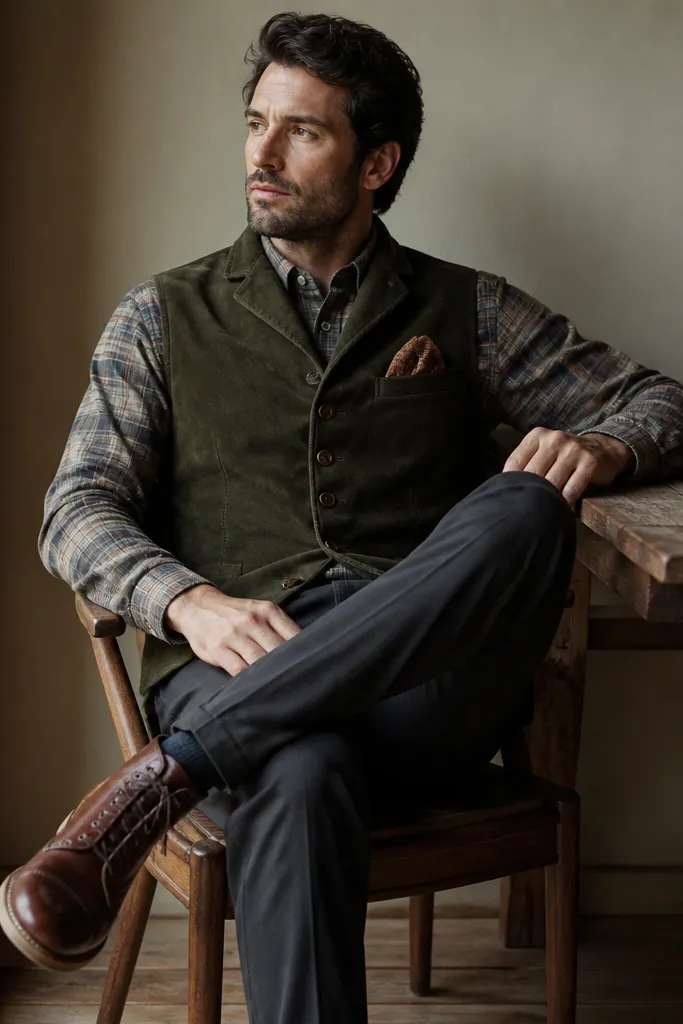 A deep olive suede vest over a plaid button-down shirt, paired with dark trousers; a pocket square and brown boots appear in the frame.