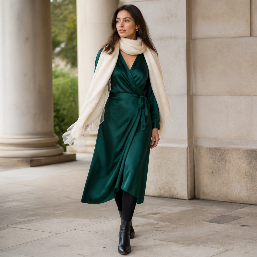 A model wearing a deep emerald wrap midi dress with a subtle sheen, paired with a cream scarf that has a light tulle trim; black tights and ankle boots complete the look.