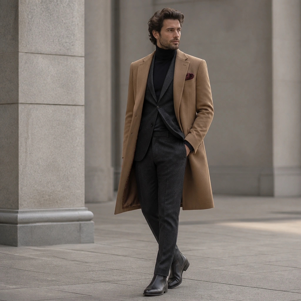 A man in a charcoal wool suit with a fitted black turtleneck, layered under a camel topcoat; he wears dark leather Chelsea boots and a muted burgundy pocket square.