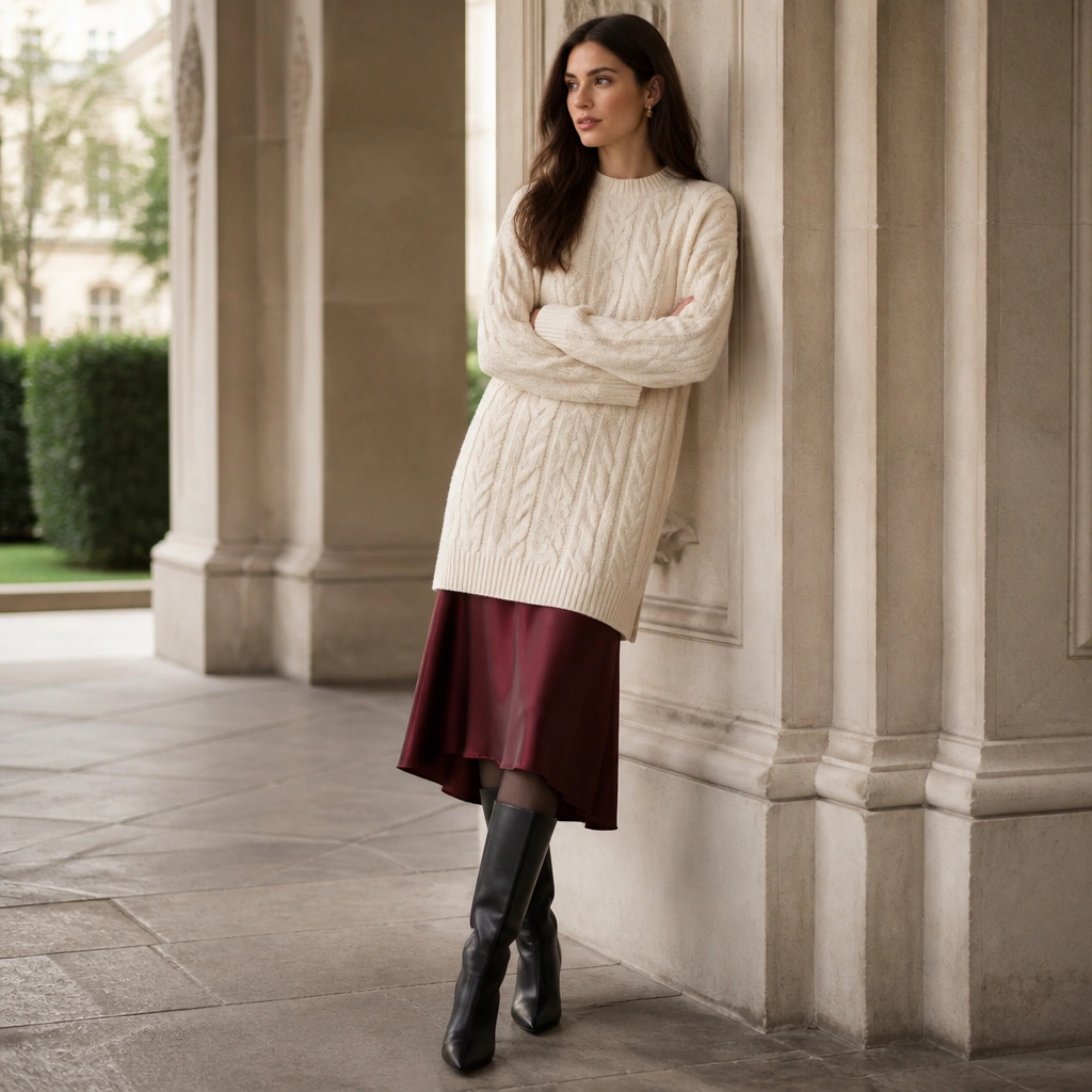 A woman wearing a cream cable-knit sweater-dress layered over a wine satin midi skirt; she has sheer black tights and knee-high heeled boots.