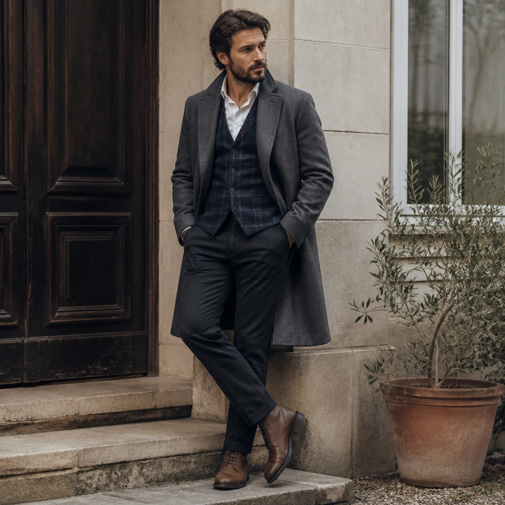 A man wearing a navy plaid flannel waistcoat over a white shirt, with a gray wool overcoat; dark trousers and brown lace-up boots are shown.