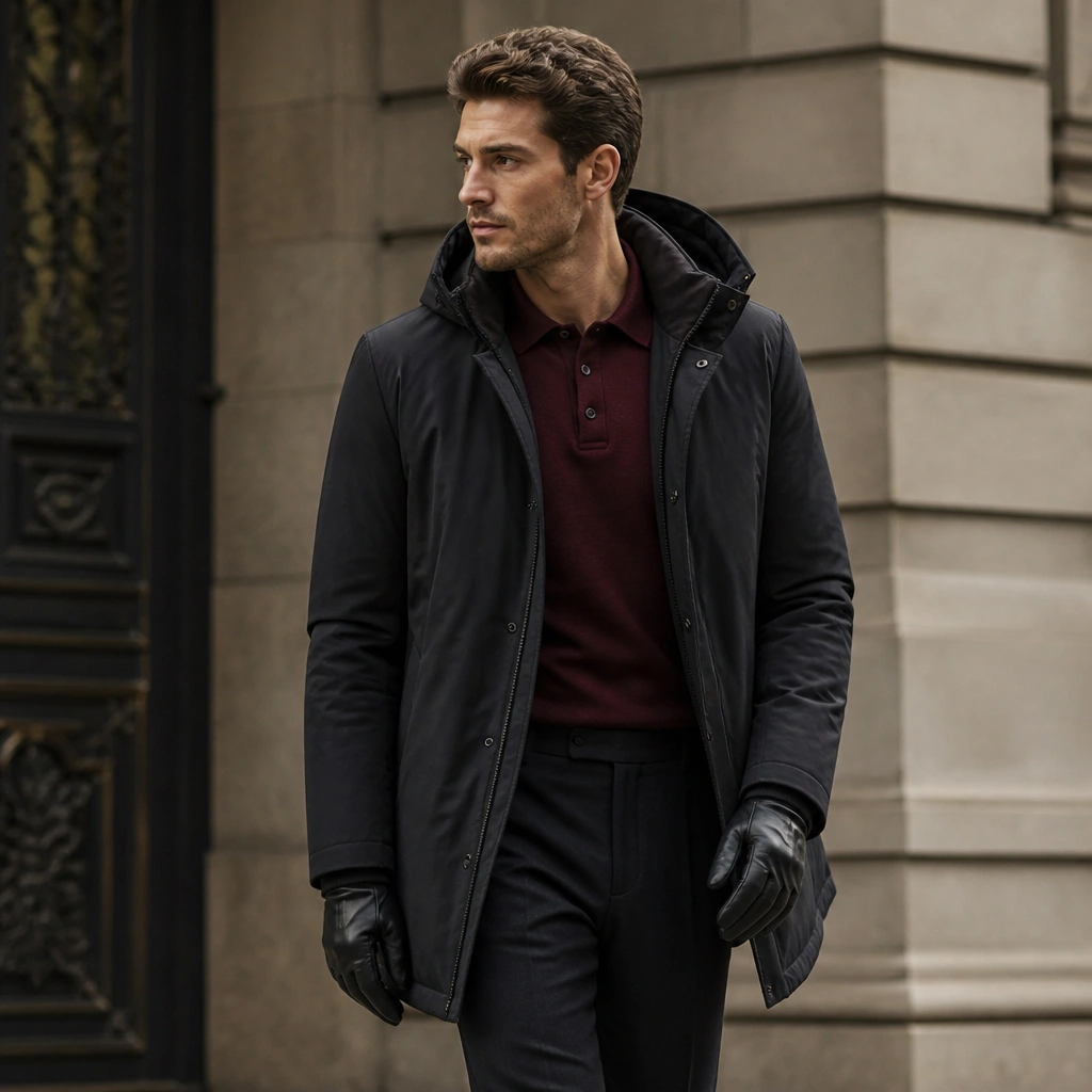 A man wearing a burgundy knit polo under a dark, weatherproof parka with a tailored fit, paired with tailored black trousers and dark gloves.