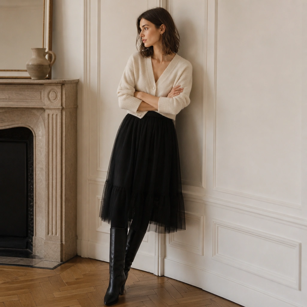 A woman in a black tulle midi skirt layered over a slip, with a cream cashmere cardigan; she wears opaque black tights and tall leather boots.