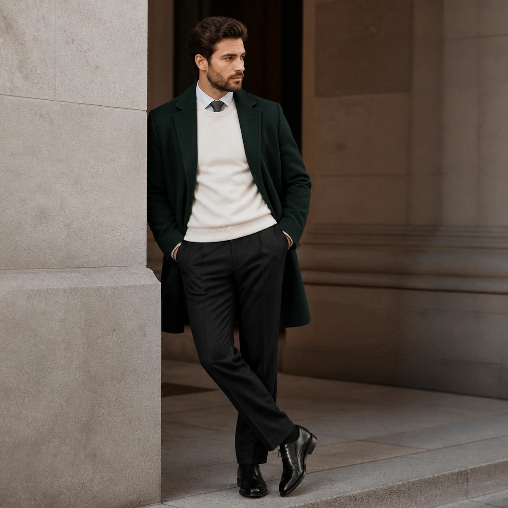 A man wearing an ivory crewneck sweater with a deep green overcoat and a satin-textured tie; he has dark trousers and polished leather dress shoes.