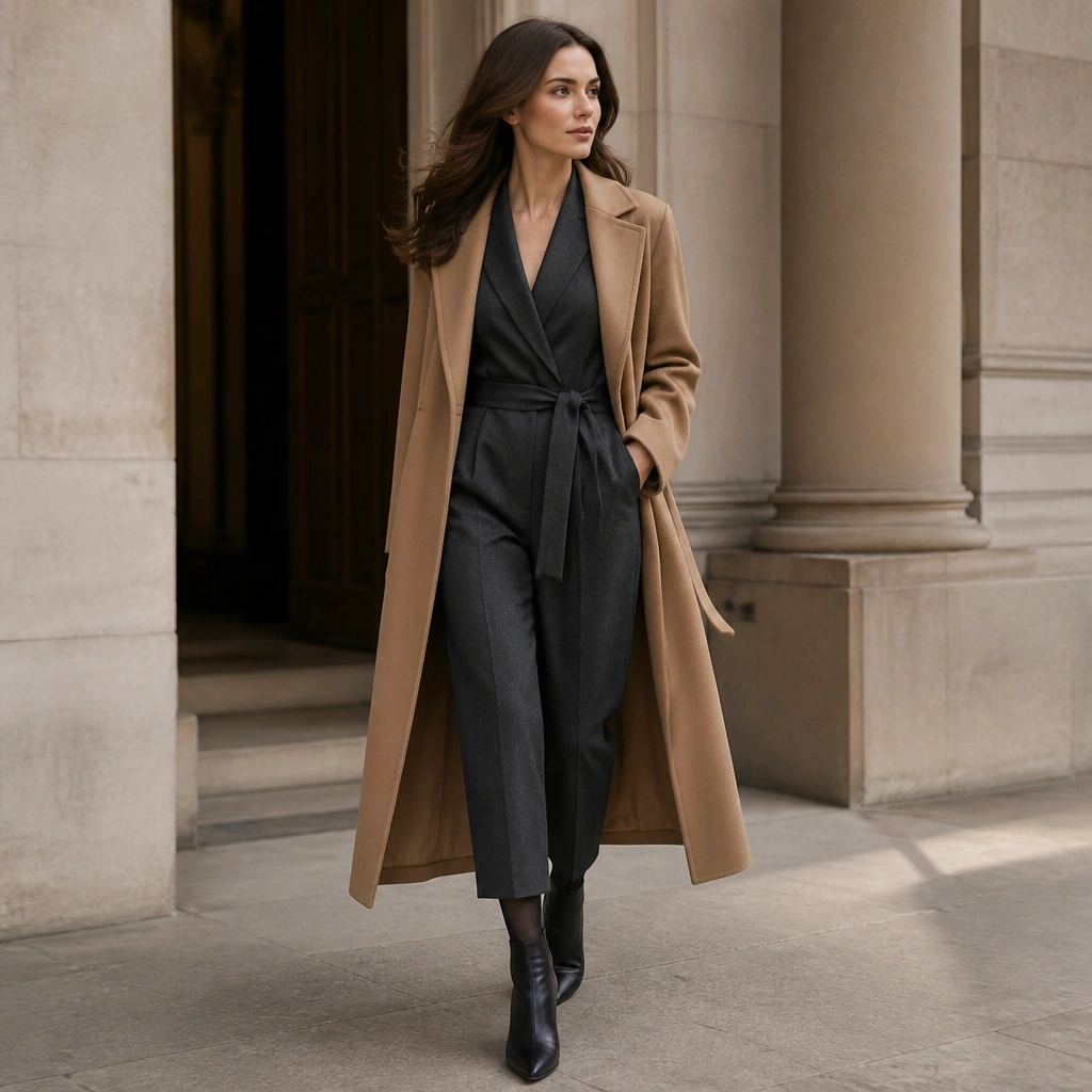 A woman wearing a wool-blend wrap jumpsuit in charcoal with a defined waist, plus a longline belted coat in camel; she wears black tights and pointed-toe ankle boots.