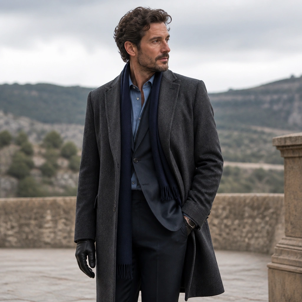 A man wearing a dark gray suit with a light blue chambray shirt and a navy scarf; he’s standing outdoors with gloves and a long wool overcoat.